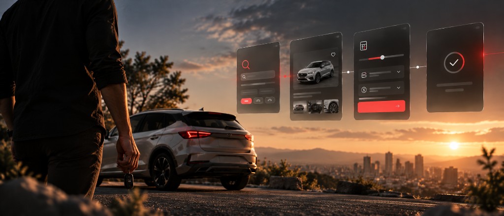 Pessoa com a chave na mão caminhando até um SUV ao pôr do sol, ao lado de quatro telas em sequência: busca, detalhe do veículo, simulação de financiamento e confirmação.